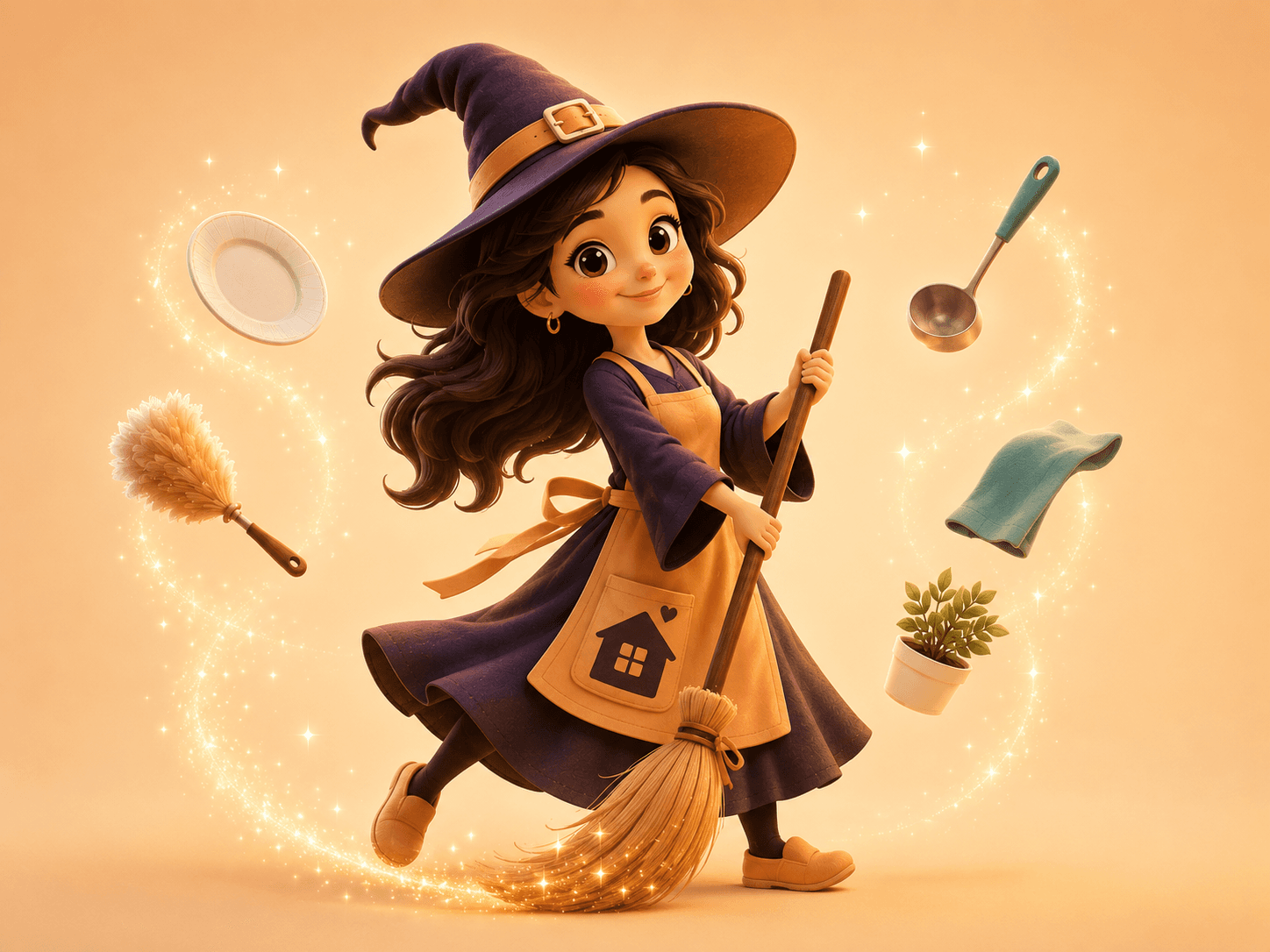 A friendly Broomingtales helper with a broom, surrounded by household tools